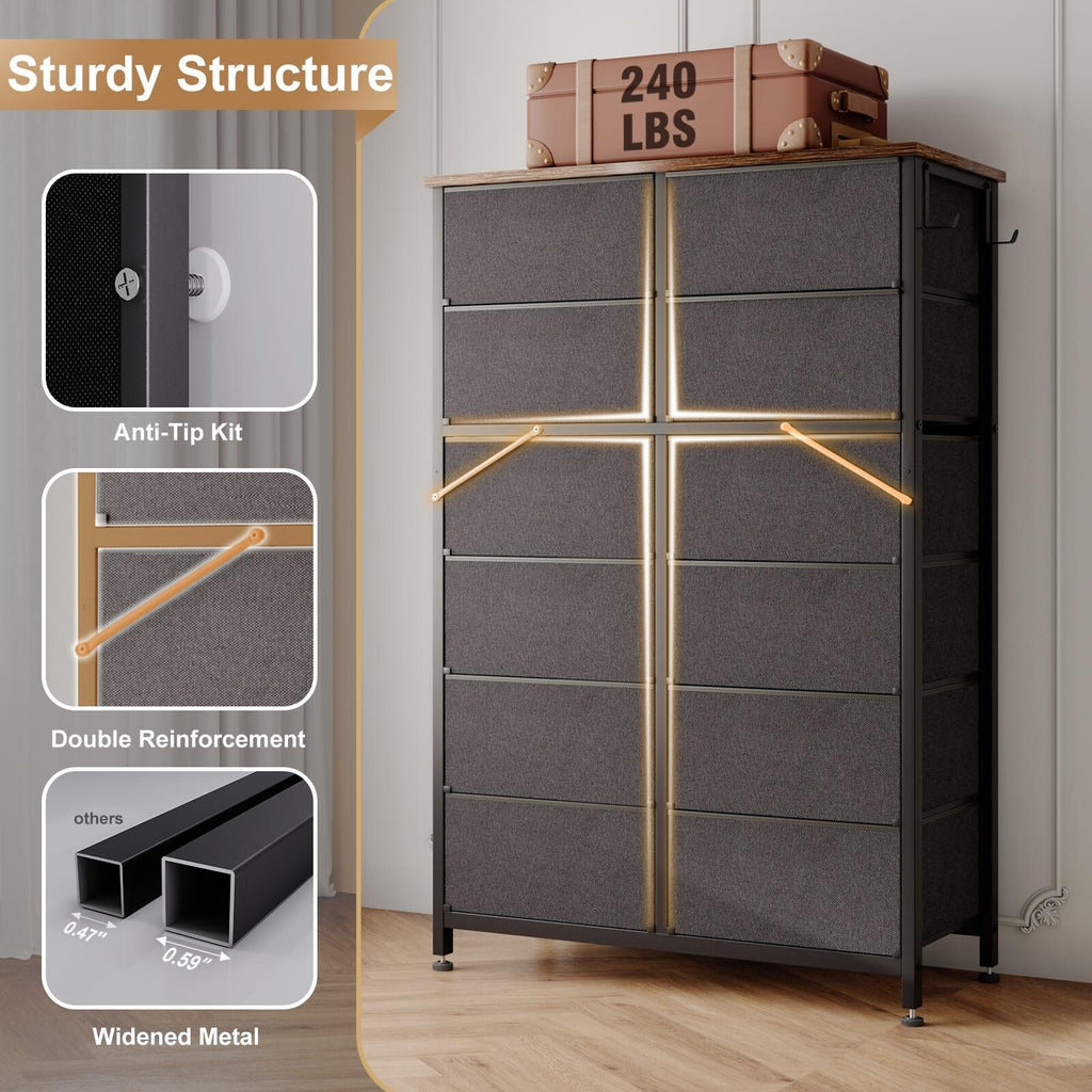12 Drawer Tall Fabric Dresser Rustic Brown F733