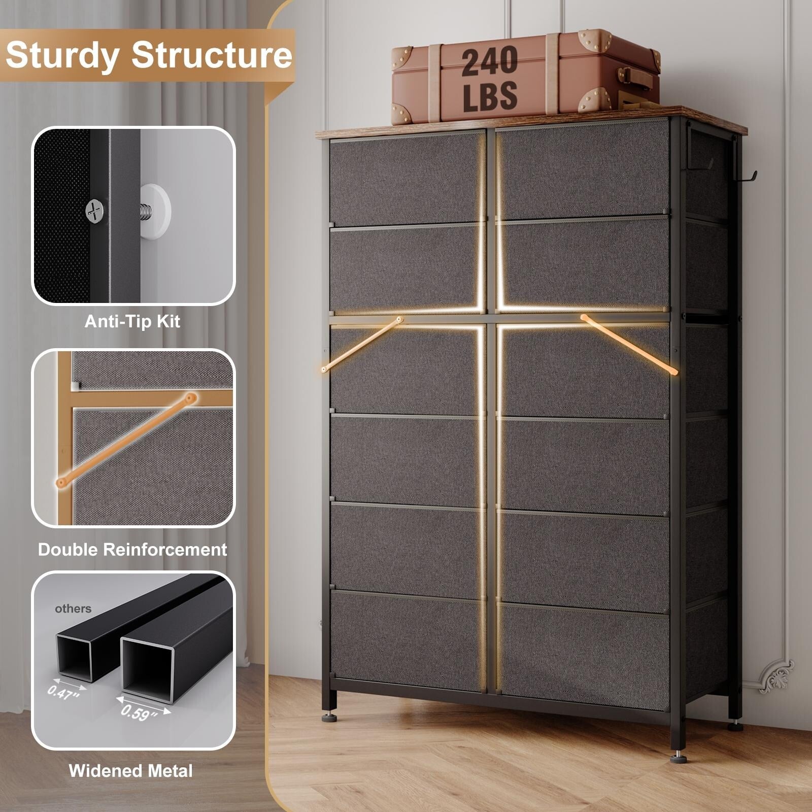 12 Drawer Tall Fabric Dresser Rustic Brown F733