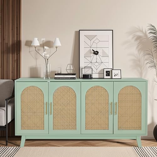Mint Green Sideboard Storage Cabinet with Rattan Decorated 4 Doors E30599