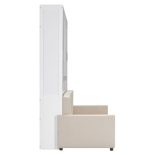 White Queen Size Wooden Murphy Bed with Cushion and Sofa Q89833