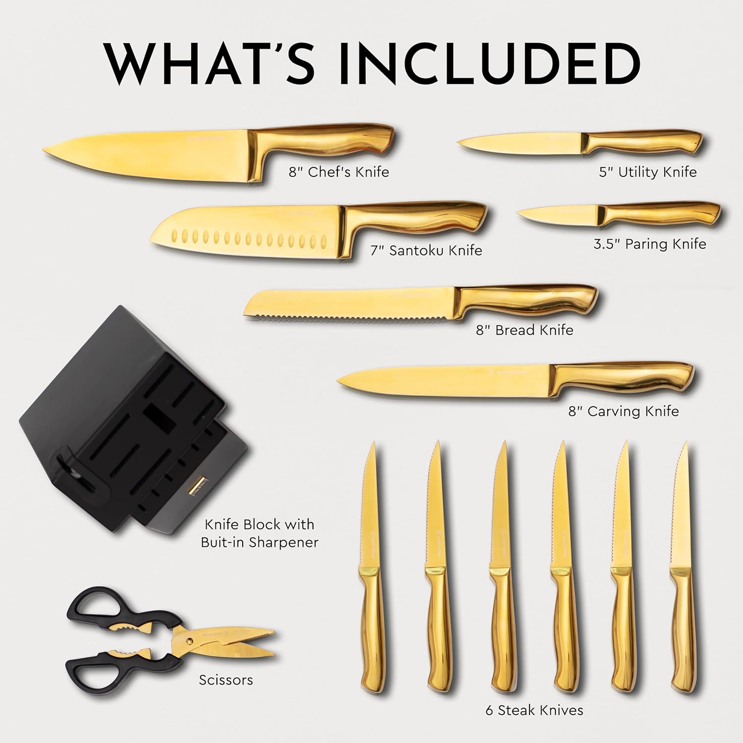 19 Piece Black and Gold Knife Set with Block Self Sharpening and Cooking Utensils Set K3755