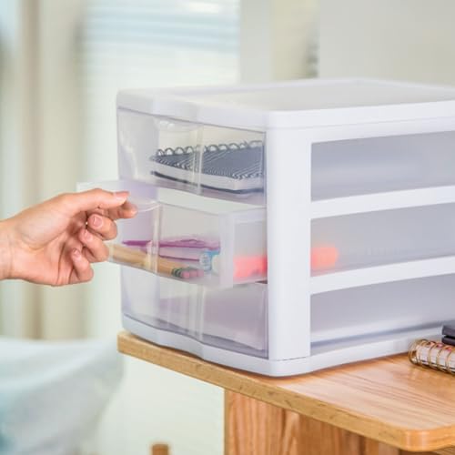 4-Pack 3 Drawer Plastic Desktop Organizer with Clear Drawers, White Frame J958