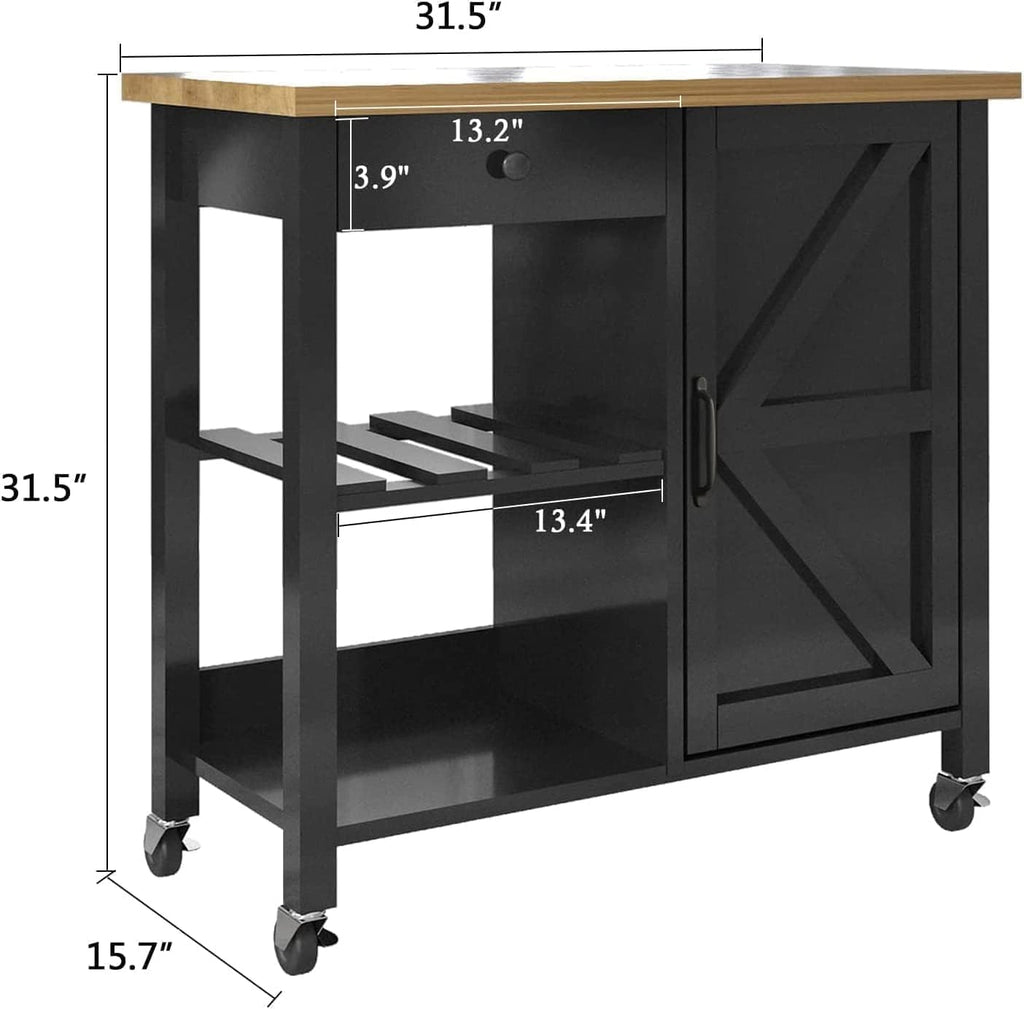 Black Wood Coffee Bar Cart with Storage Cabinet and Adjustable Shelves C3306