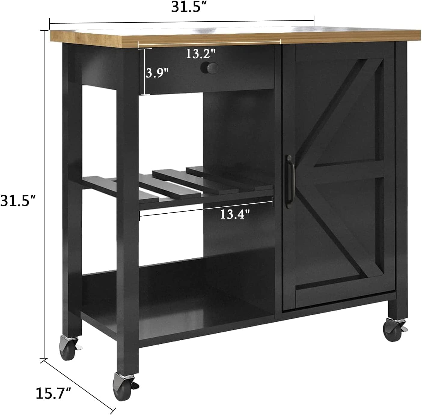 Black Wood Coffee Bar Cart with Storage Cabinet and Adjustable Shelves C3306