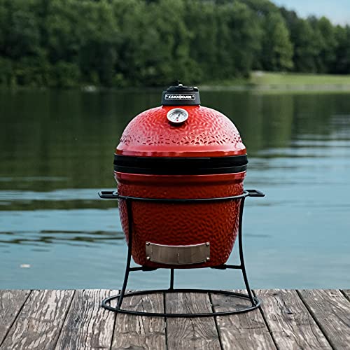 13.5-inch Portable Ceramic Charcoal Grill with Grill Stand, Stainless Steel Cooking Grate, Heat Deflectors and Ash Tool in Red K576147