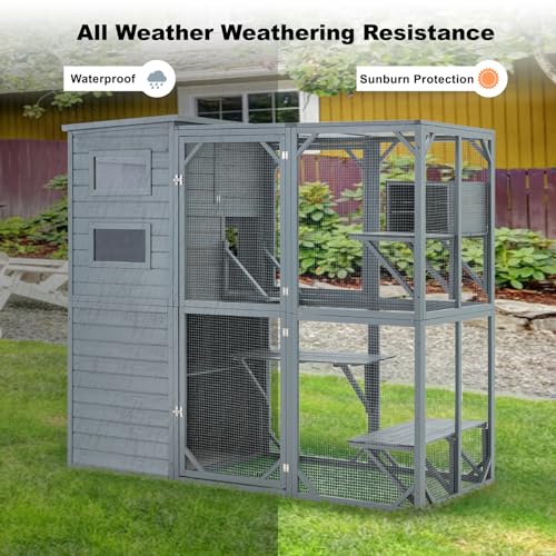 Large 4 Tiers Cat Enclosure with Weatherproof Roof, Grey Green K4460