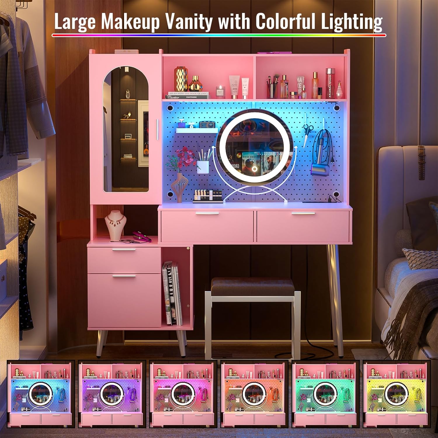 48 Inch Pink Vanity Desk with Mirror, LED Light, Charging Station, Drawers, Cabinet, Pegboard, Shelves, Storage Hutch A1405