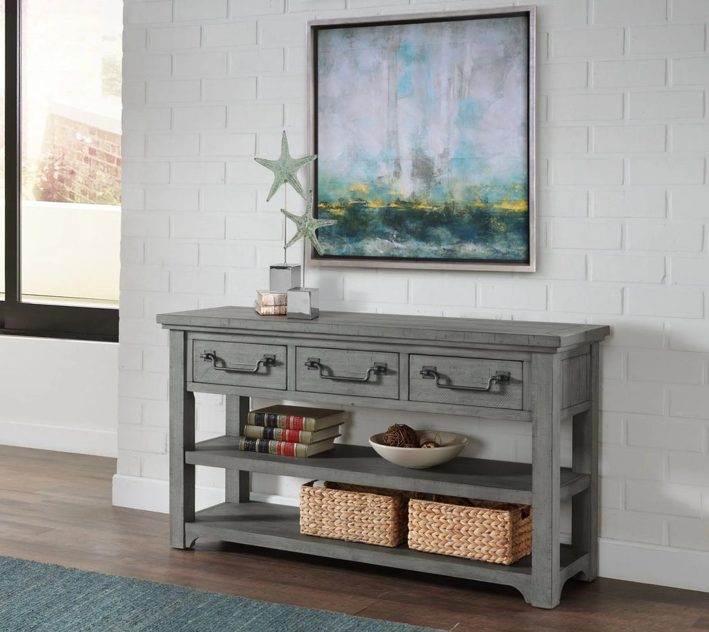 Dove Grey Solid Wood 3-Drawer Sofa Console Table M31215