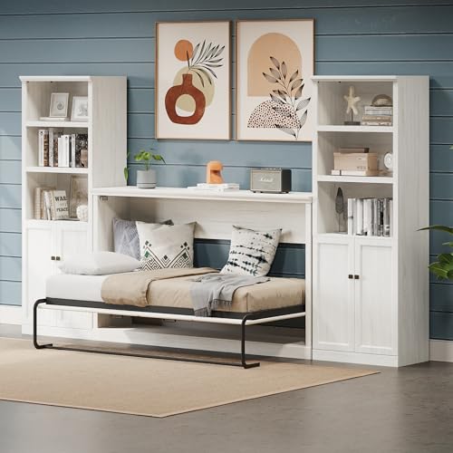 Twin Size Murphy Bed with 2 Side Cabinet Storage Shelf and Bookcase O564914