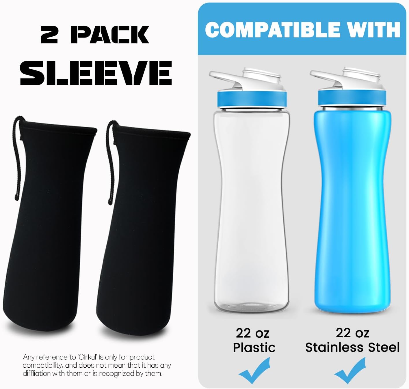 2Pcs Neoprene Sleeve for 22oz Plastic & Stainless Steel Water Bottles A4980