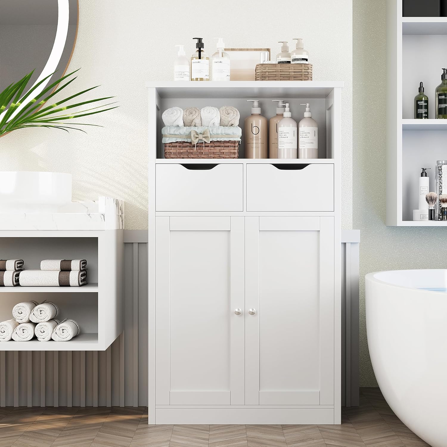 White Floor Storage Cabinet with Doors and Drawers and Adjustable Shelf Y7459