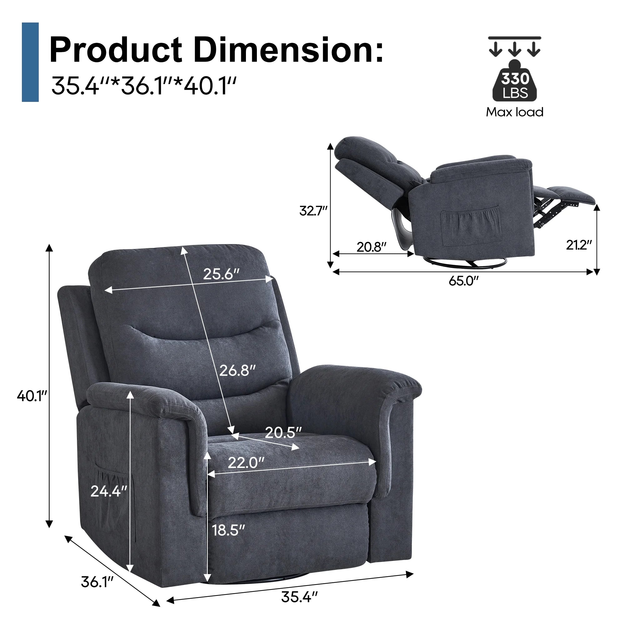 Grey Velvet Manual Swivel Rocker Recliner Chair E757