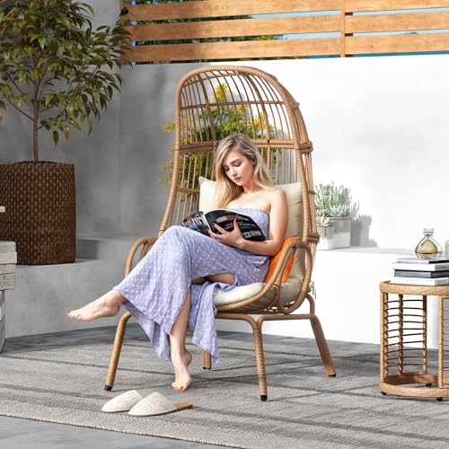 Beige Outdoor Wicker Egg Chair with Cushion V40299
