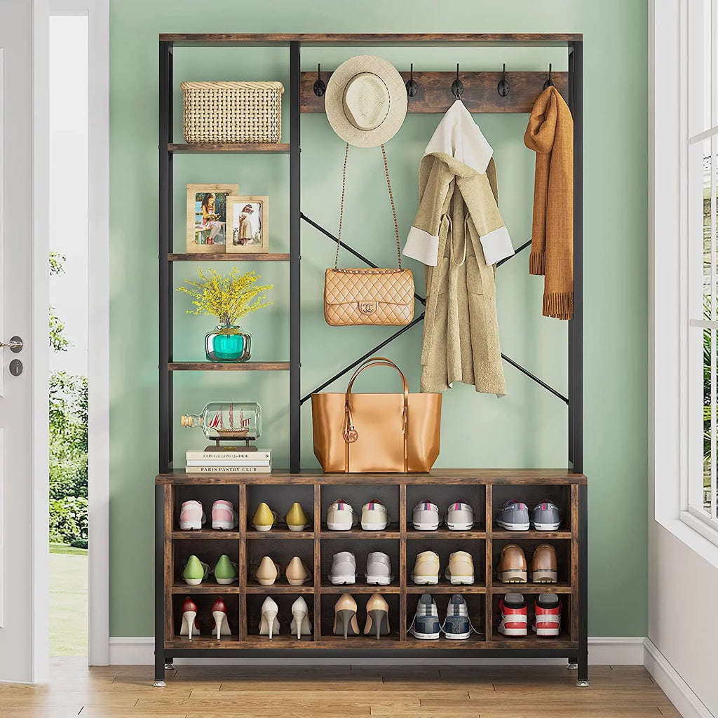 Industrial Hall Tree with Bench and Shoe Storage and Coat Rack P3012