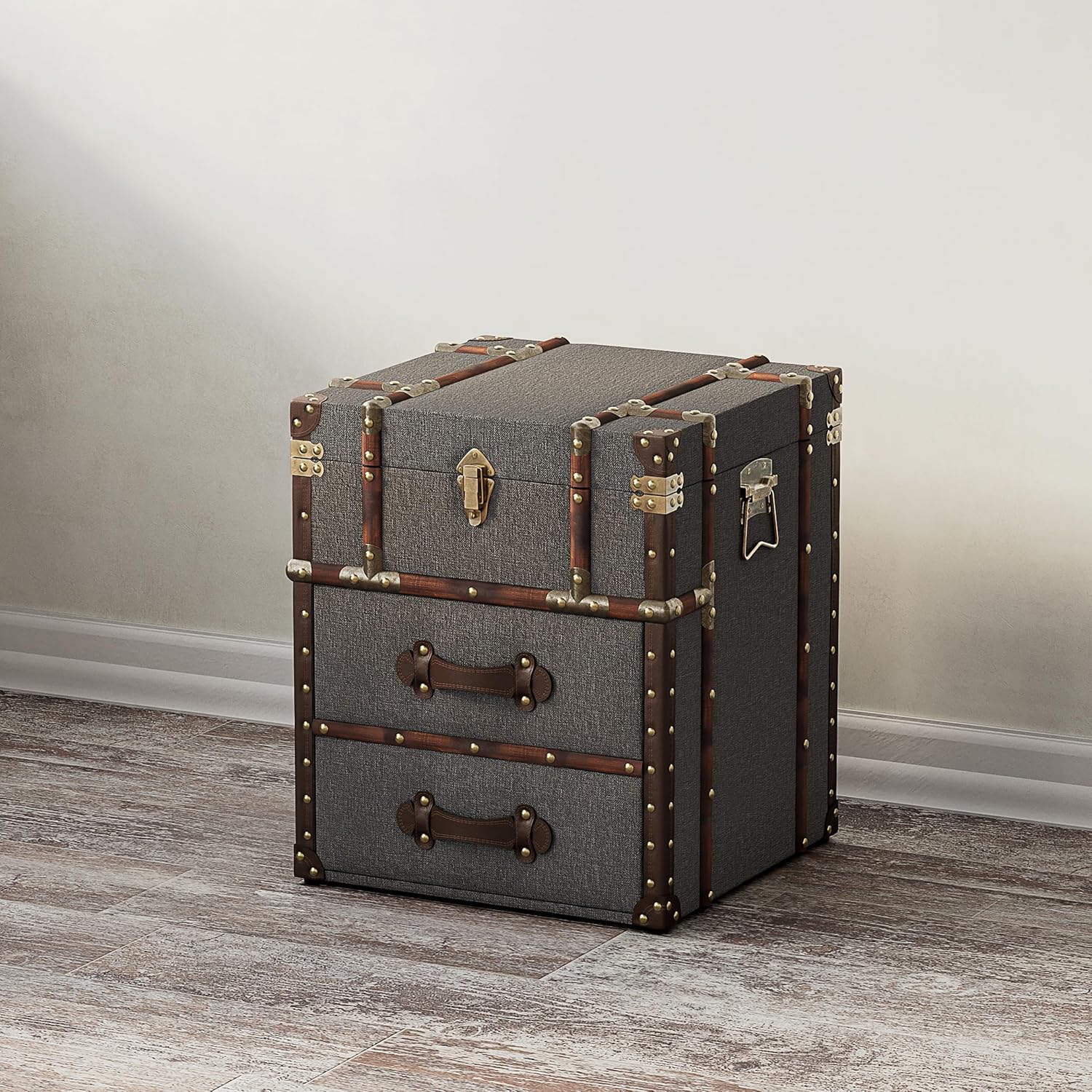 Grey Linen Storage Chest with Hinged Top J62841