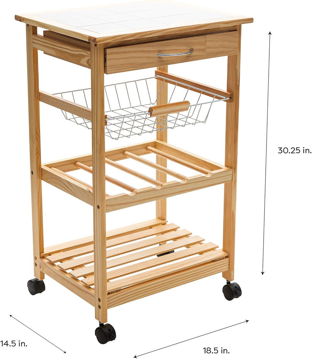 Natural Pinewood Mobile Kitchen Cart with Tile Top V795087