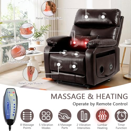 Dual Motor Power Lift Recliner Chair with Heat & Massage, Leather (Beige) Q377568