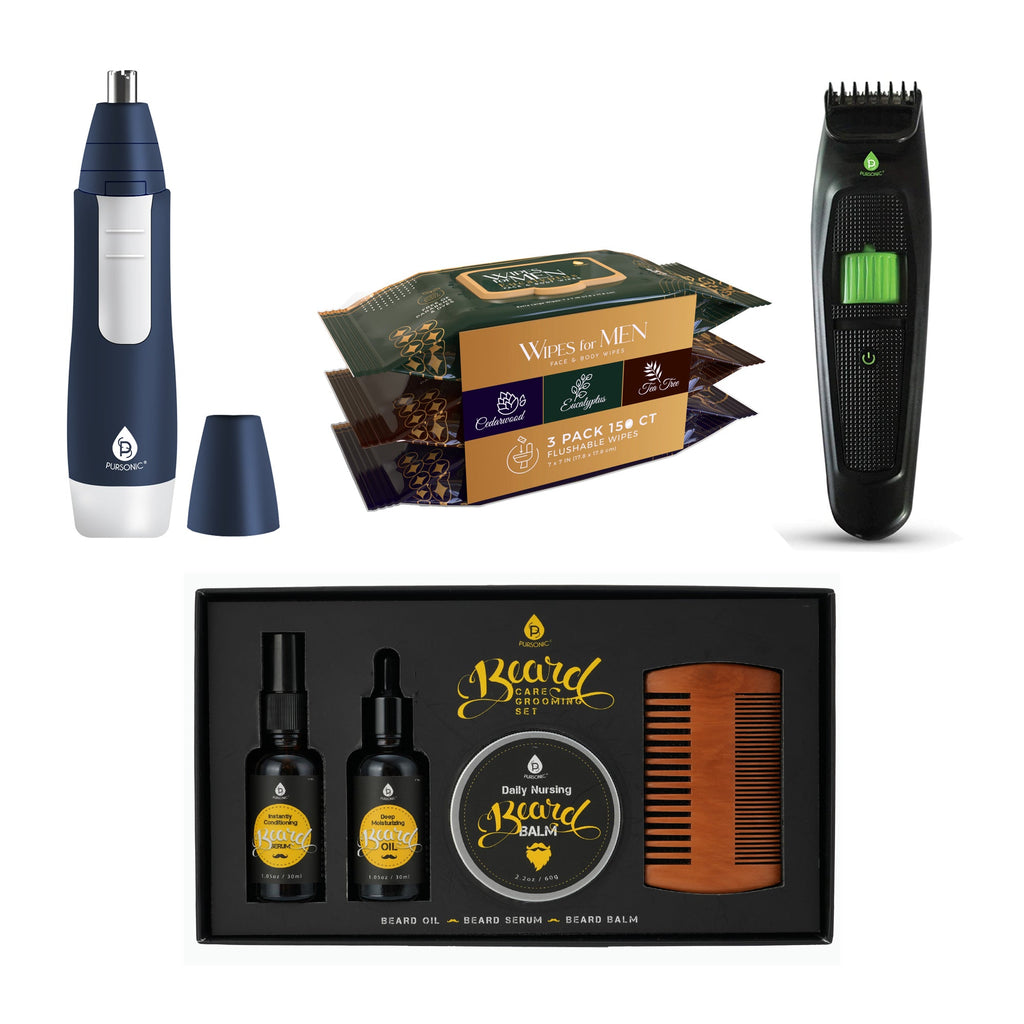 Full-Range Men's Grooming: 4-Piece Beard Care Set, Beard and Body Trimmer, Nose Trimmer, & Assorted Face and Body Wipes