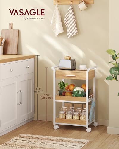 4-Tier Rolling Utility Cart with Table Top, Handles, Lockable Casters, Top Drawer, Mesh Shelves, Rustic Brown and Ink Black L185