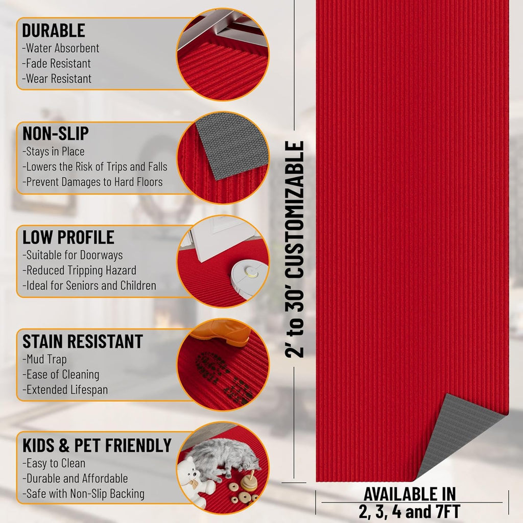 Non-Slip Rubberback 2x10 Indoor/Outdoor Runner Rug, 2' x 10', Red E596212