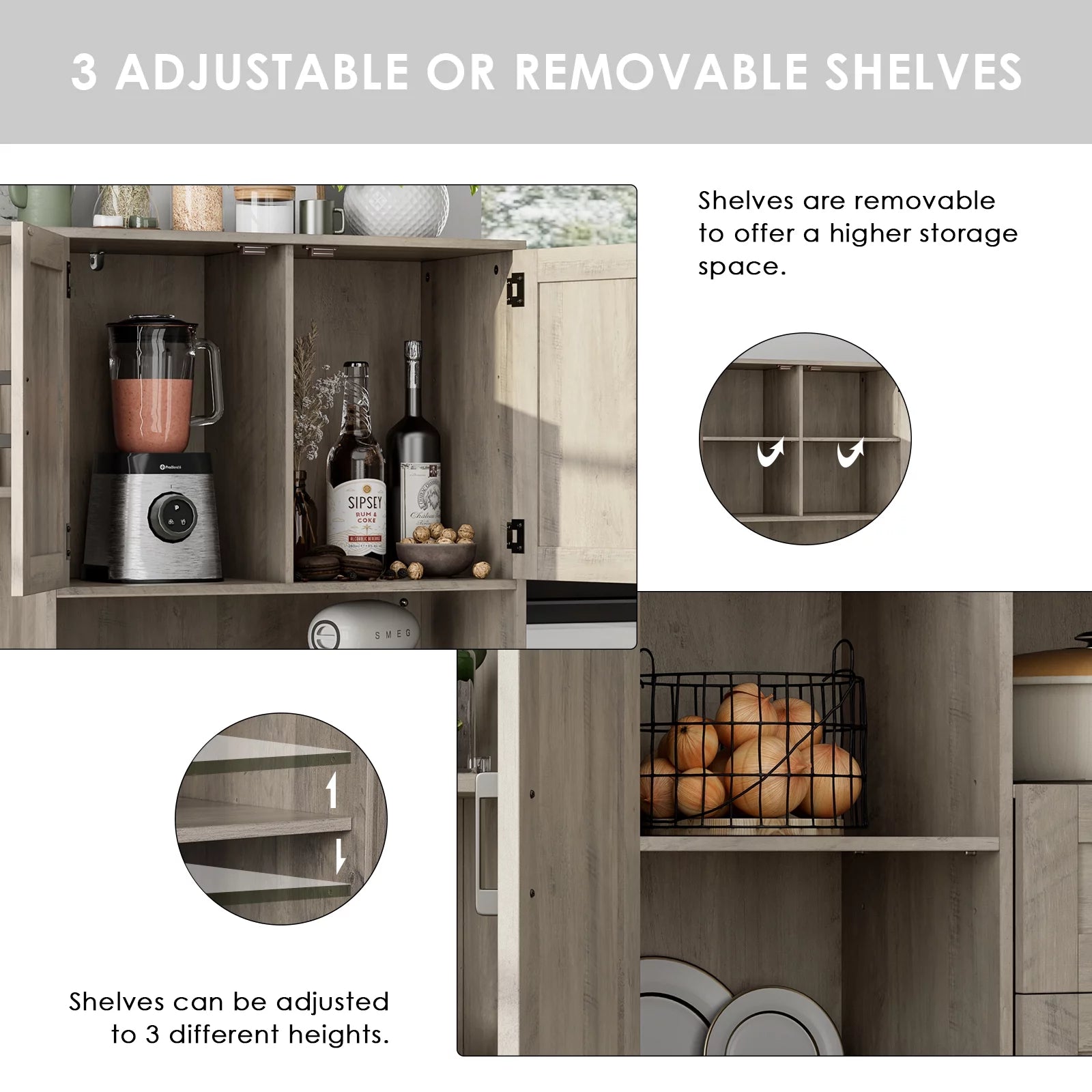 Large Kitchen Pantry with Adjustable Shelves, Tall Storage Cabinet, Wash Gray B22765