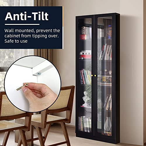 Black Metal 2 Door Glass Curio Cabinet with Adjustable Shelves 5 Tier Bookcase F79649