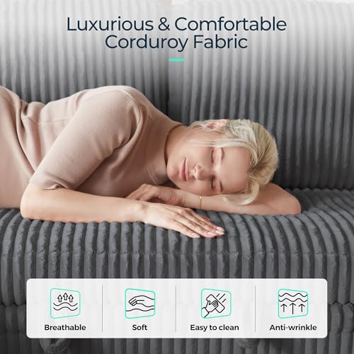 Grey Corduroy Sectional Sleeper Sofa with Pull Out Bed and Storage Chaise S505934