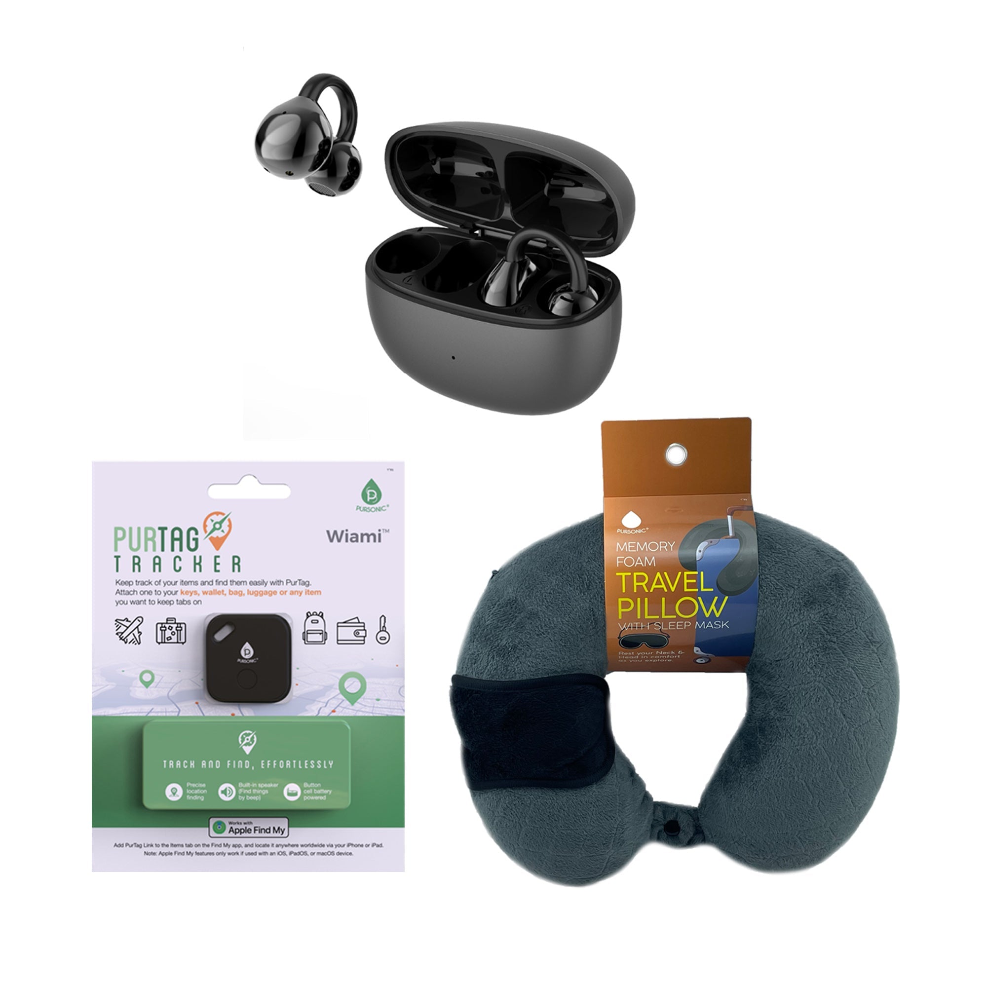 Ultimate Travel Essentials Bundle – Wireless Earbuds, Purtag Tracker & Memory Foam Travel Pillow Set