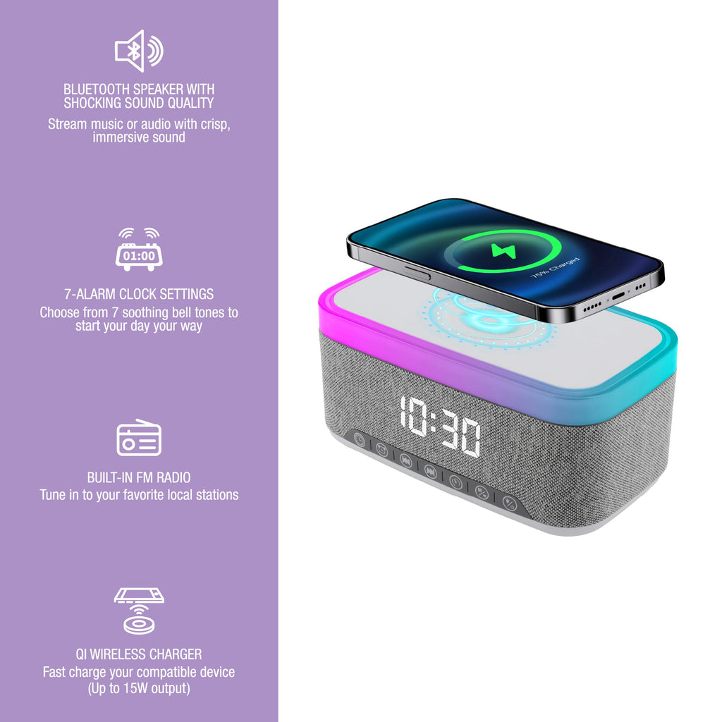 Complete Wireless Audio & Charging Bundle – Alarm Clock Radio Speaker with Wireless Charger + Earbuds