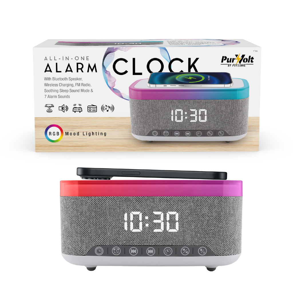 Complete Wireless Audio & Charging Bundle – Alarm Clock Radio Speaker with Wireless Charger + Earbuds