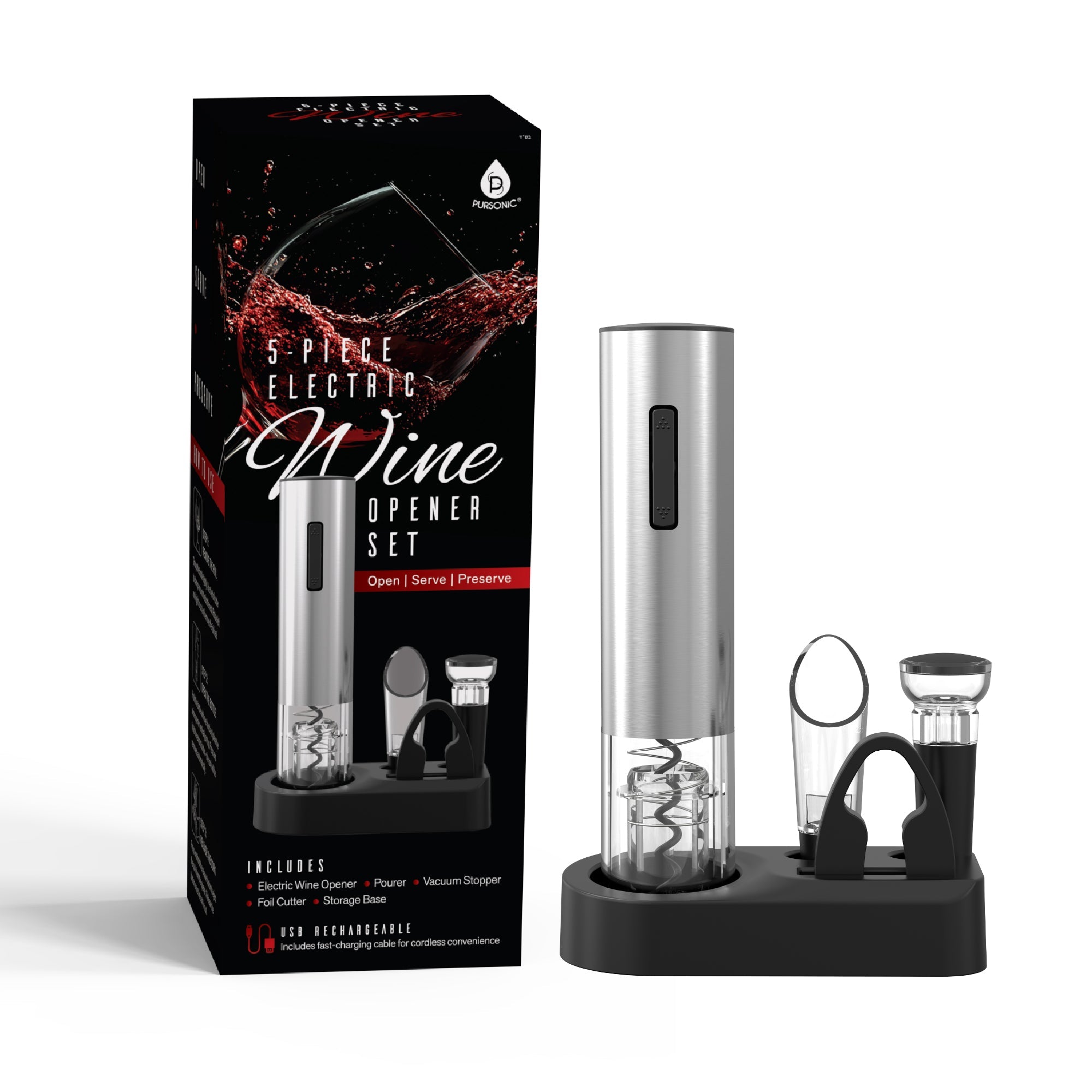 Pursonic 5-Piece Electric Wine Opener Set