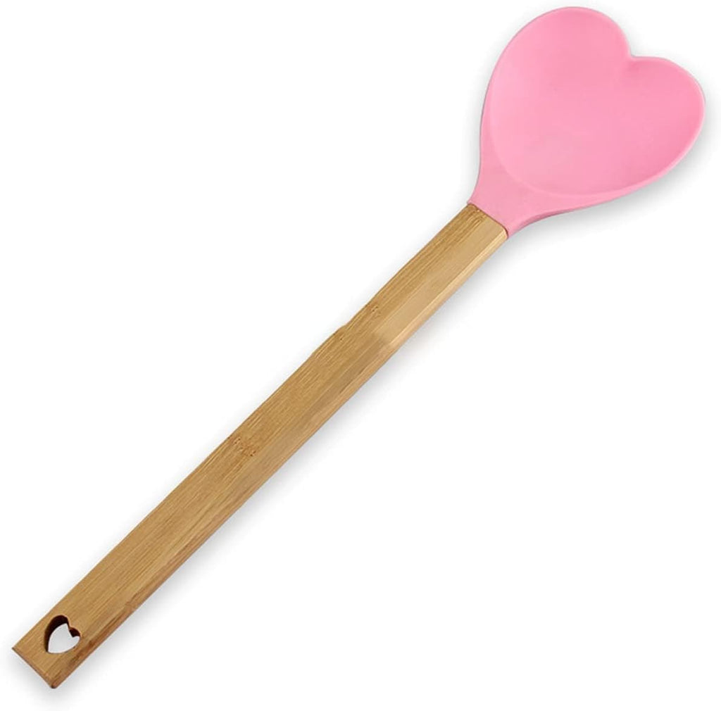 Pink Heart shaped silicone spatula with bamboo handle W10557