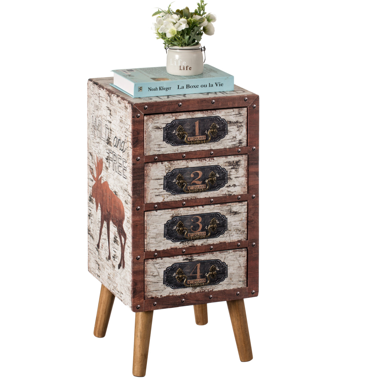 Antique Rustic Brown Wood Tallboy Chest with 4 Drawers P9862