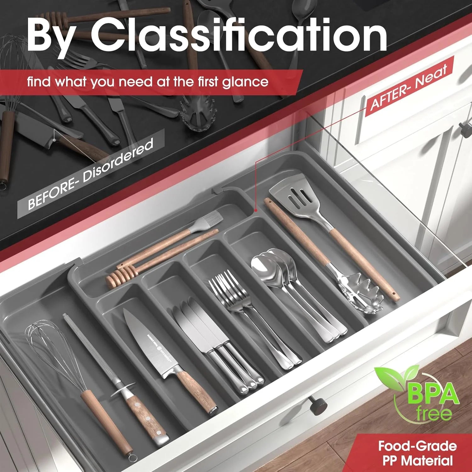 Grey Adjustable Kitchen Drawer Organizer Y64497