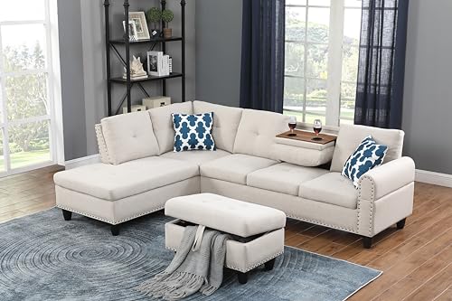 Blue 3 Piece Upholstered Pull Out Couch Bed with Storage Chaise N50819