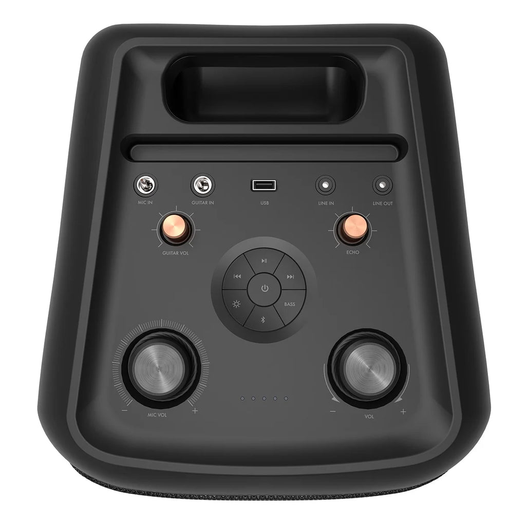 Bluetooth Wireless Party Speaker with Wired Microphone, RGB Lighting, Guitar Input, IPX4 Splash Resistance R821774