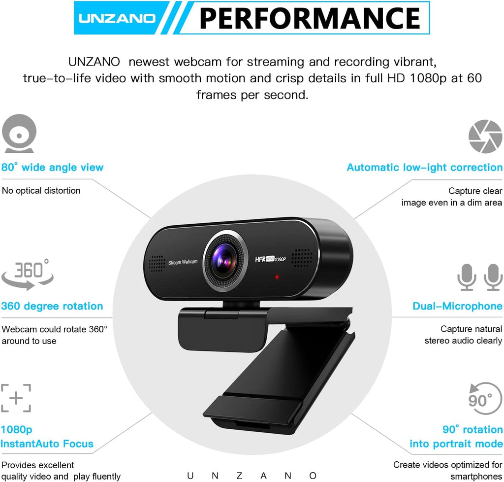1080P 60FPS Webcam with Microphone, Auto-Focus 80° Wide Angle Built-in Dual Noise Reduction Mics B45833