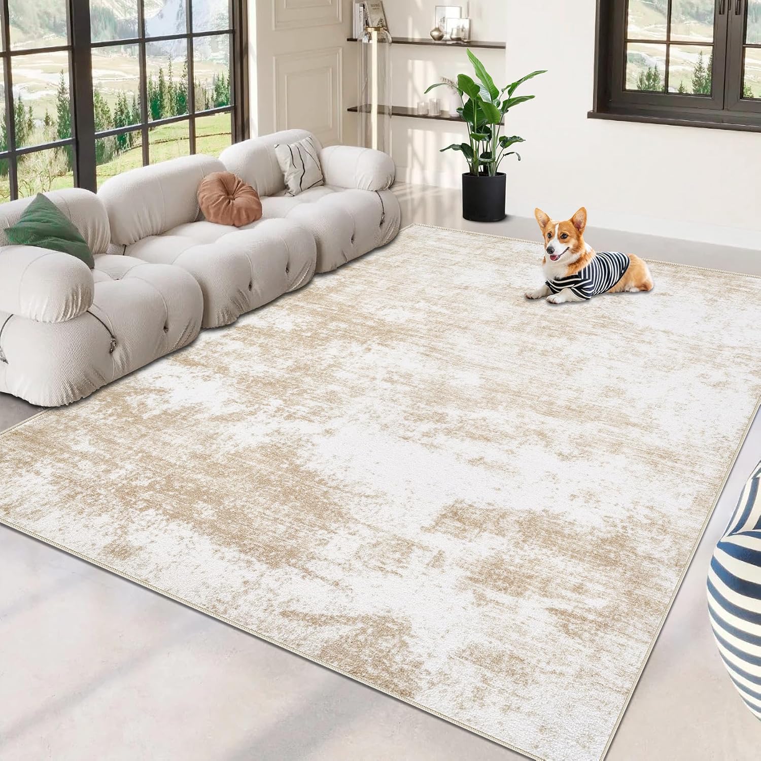 Beige 8x10 Washable Area Rug C111473