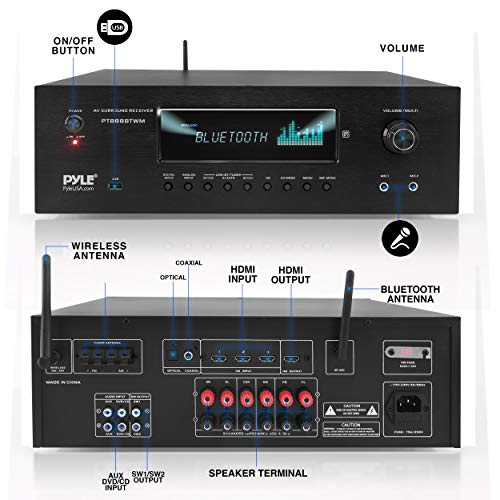 1000W 5.2 Channel Home Theater Receiver with Bluetooth 5.0 and 2 UHF Wireless Mics E45183