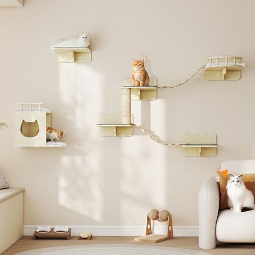 Wooden Wall-Mounted Cat Shelves with Scratching Post O719081