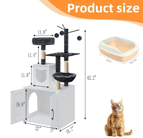 Grey Wood Cat Tree with Litter Box Enclosure A89987
