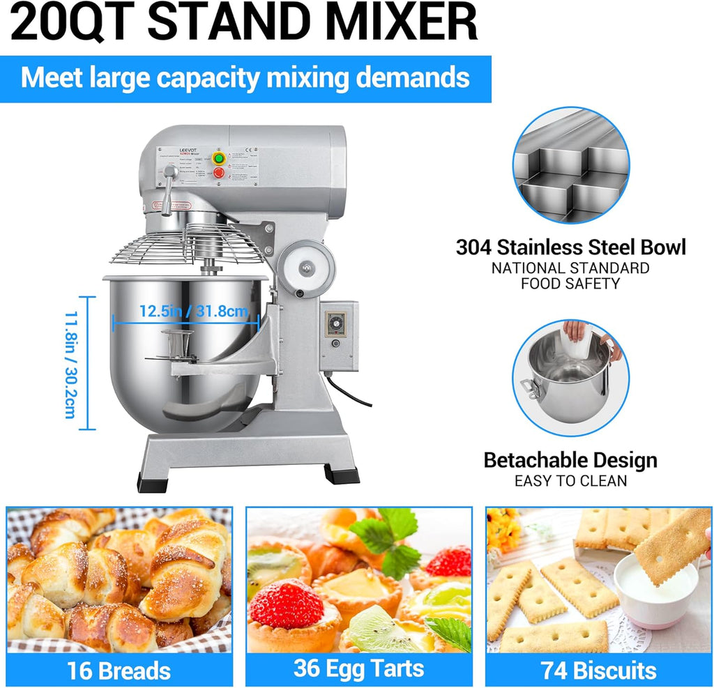 20Qt 1100W Commercial Stand Mixer with Stainless Steel Bowl D349
