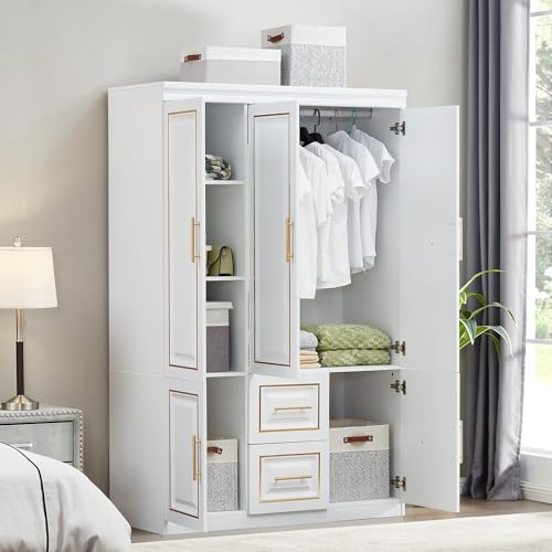 White Wood Storage Closet with Doors and Hanging Rod I83823