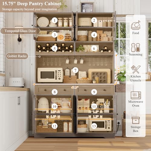 75.4" Tall White Kitchen Pantry Cabinet with Glass Doors and Drawers H780