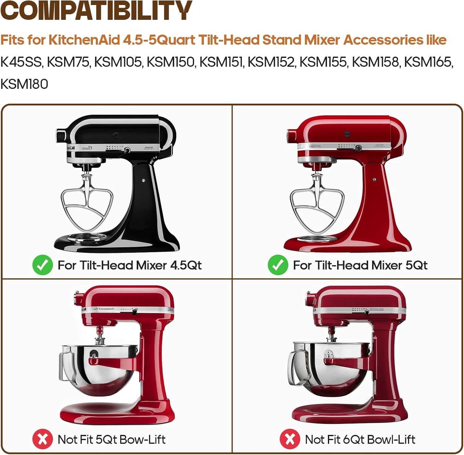 Stainless Steel Beaters for Kitchenaid Stand Mixer, 4.5-5Qt Tilt-Head Paddle Attachment I699880