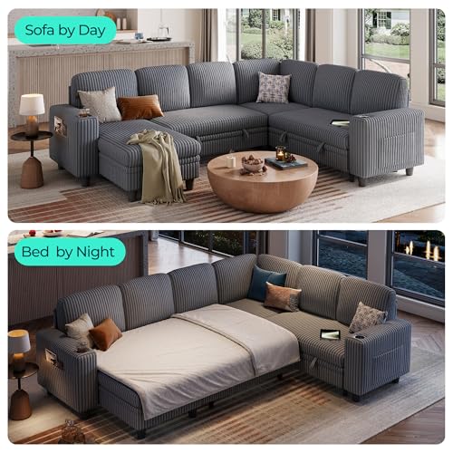Grey Corduroy Sectional Sleeper Sofa with Pull Out Bed and Storage Chaise S505934