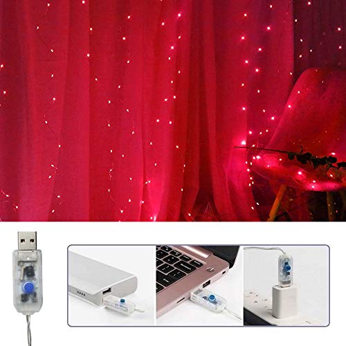 300 LED Curtain Christmas String Lights with Remote Control USB Power 8 Lighting Modes Red Lights 9.8ft x 9.8ft E59841