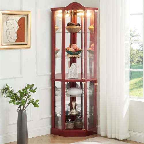 Cherry Glass Corner Curio Cabinet with 4 Adjustable Glass Shelves G400