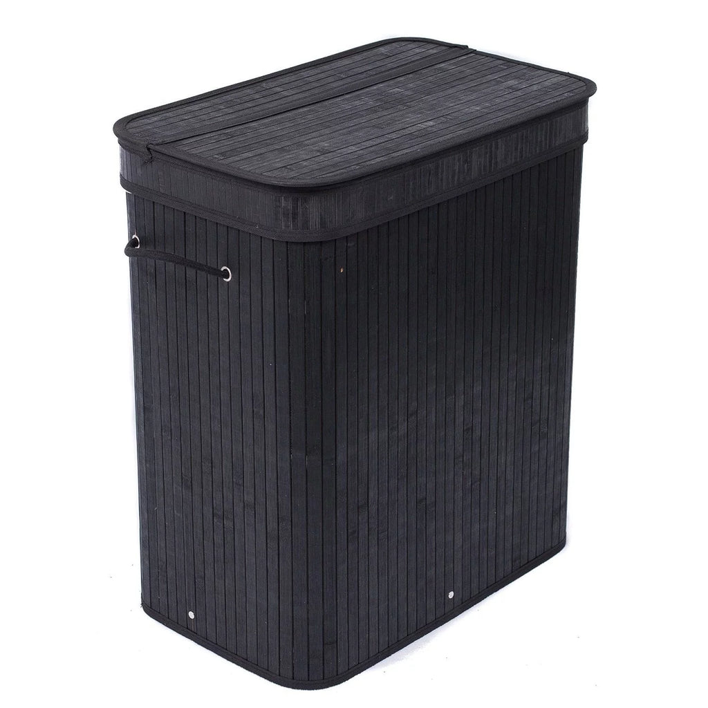 Black Bamboo Double Laundry Hamper with Lid and Cloth Liner N313789