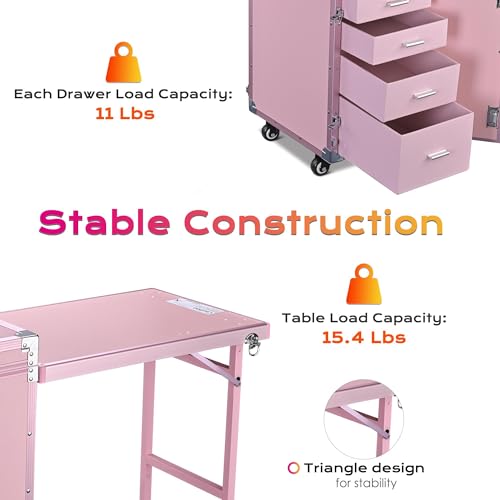 Pink Foldable Rolling Manicure Table with 4 Drawers T5849